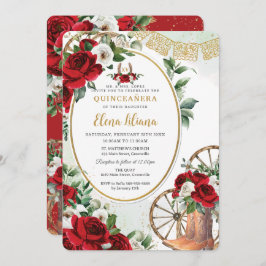 Invitación Roses rojas blanco Charro Boots Sweet 16 Quinceañe