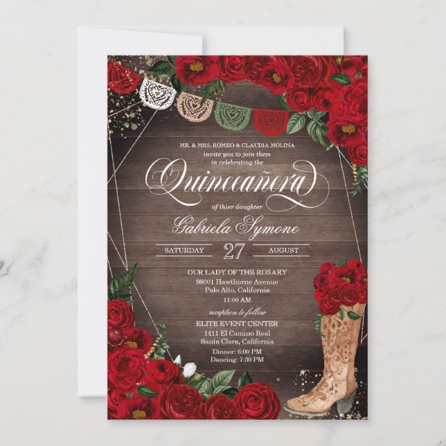 Invitación Roses rojas Charra Rustic Cowgirl Boots Quinceañer (Anverso)