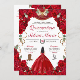 Invitación Roses Rojas Charro Elegante Floral Quinceanera