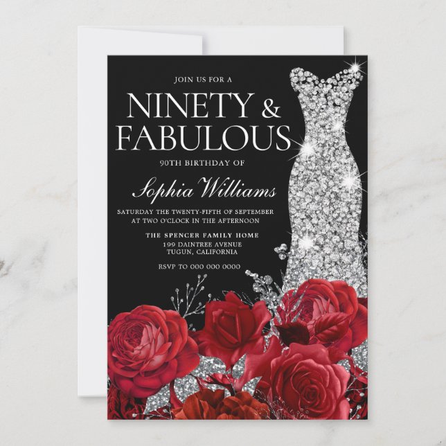 Invitación Roses rojas de vestido de plata partido de cumplea (Anverso)