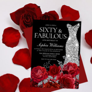 Invitación Roses Rojas Diamante vestido negro 60 cumpleaños f