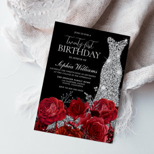 Invitación Roses Rojas Diamante vestido negro Fiesta de cumpl