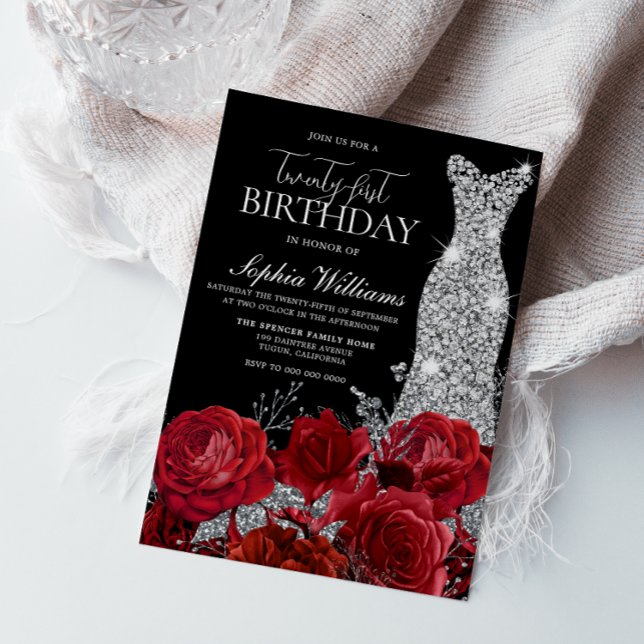 Invitación Roses Rojas Diamante vestido negro Fiesta de cumpl (Subido por el creador)