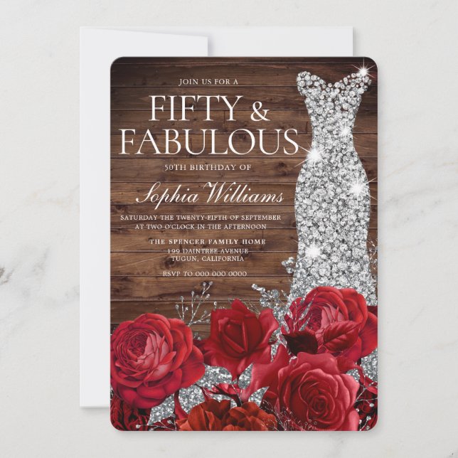 Invitación Roses Rojas Diamante vestido Rustic 50 cumpleaños (Anverso)