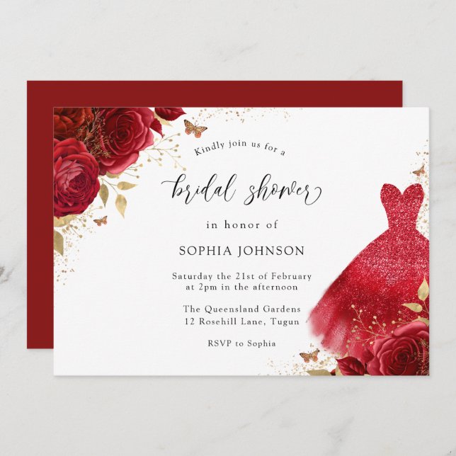 Invitación Roses Rojas Esparkle Vestido Dorado Ducha de Novia (Anverso / Reverso)