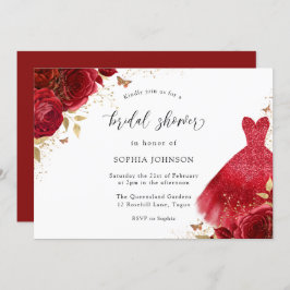 Invitación Roses Rojas Esparkle Vestido Dorado Ducha de Novia