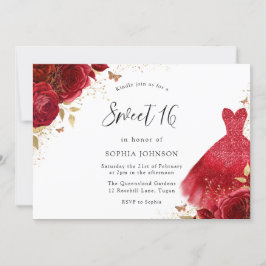 Invitación Roses Rojas Esparkle Vestido Dorado Dulce 16 Fiest