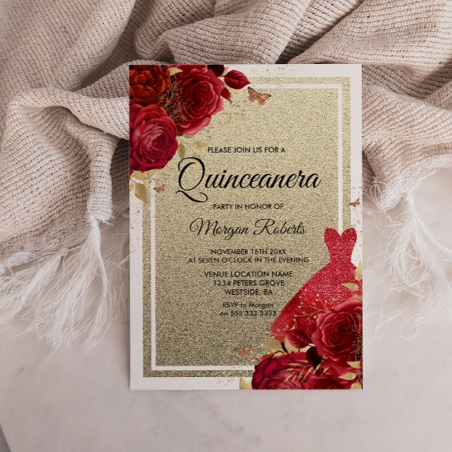Invitación Roses Rojas Esparkle Vestido Purpurina Quinceanera (Subido por el creador)
