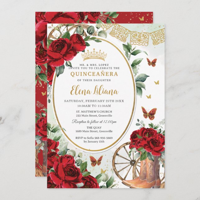 Invitación Roses Rojas Floral Charro Boots Quinceañera Sweet  (Anverso / Reverso)