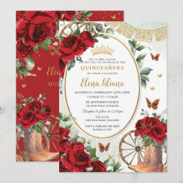 Invitación Roses Rojas Floral Charro Boots Quinceañera Sweet