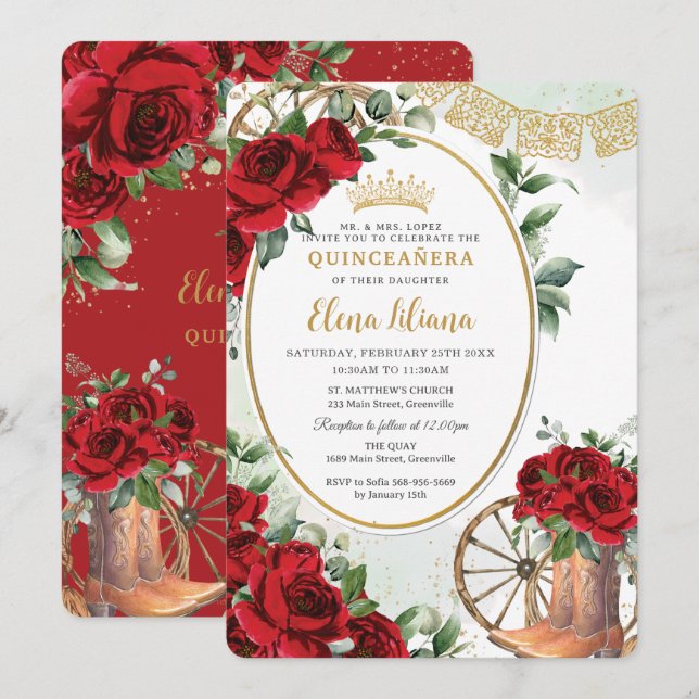 Invitación Roses Rojas Floral Charro Boots Quinceañera Sweet  (Anverso / Reverso)