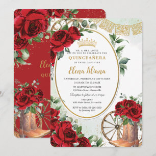 Invitación Roses Rojas Floral Charro Boots Quinceañera Sweet