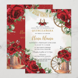 Invitación Roses Rojas Floral Charro Boots Sweet 16 Quinceañe