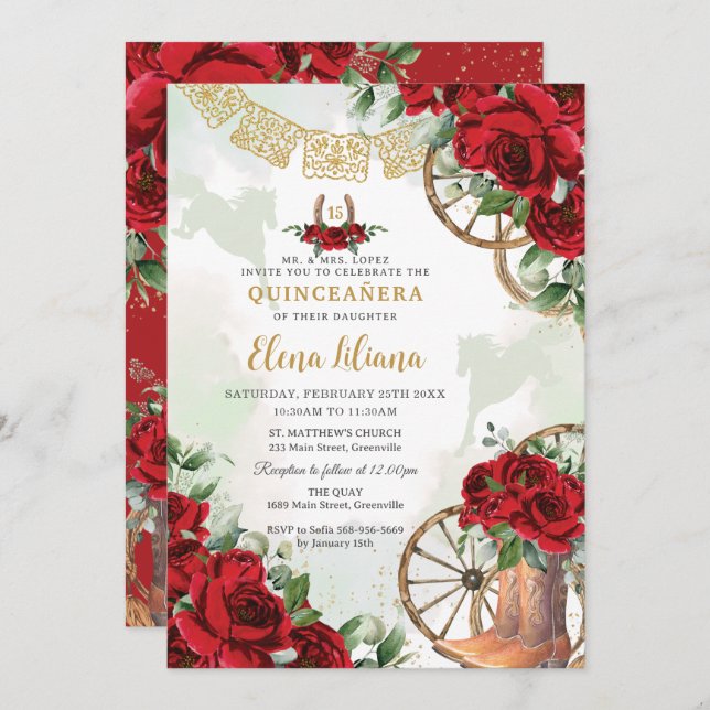 Invitación Roses Rojas Floral Charro Boots Sweet 16 Quinceañe (Anverso / Reverso)