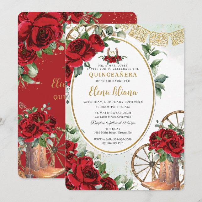 Invitación Roses Rojas Floral Charro Boots Sweet 16 Quinceañe (Anverso / Reverso)