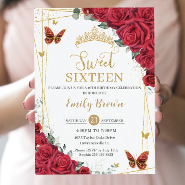 Invitación Roses Rojas Floral Mariposas de Oro Dulce Dieciséi (Subido por el creador)