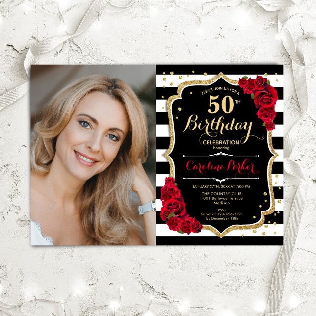 Invitación Roses rojas franjas blancas negras Foto 50 cumplea (Subido por el creador)