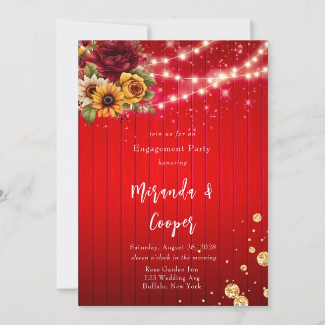 Invitación Roses rojas luz de girasol purpurina fiesta de com (Anverso)