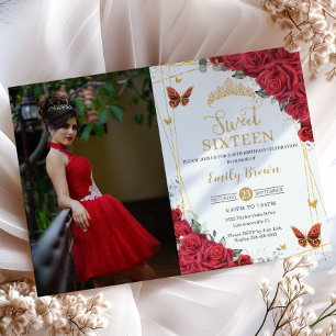 Invitación Roses Rojas Mariposas de Oro Dieciséis Fotografía