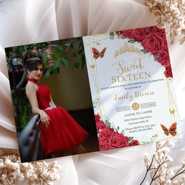 Invitación Roses Rojas Mariposas de Oro Dieciséis Fotografía (Subido por el creador)