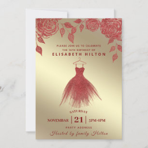 Invitación Roses rojas moderno vestido Purpurina dulce diecis