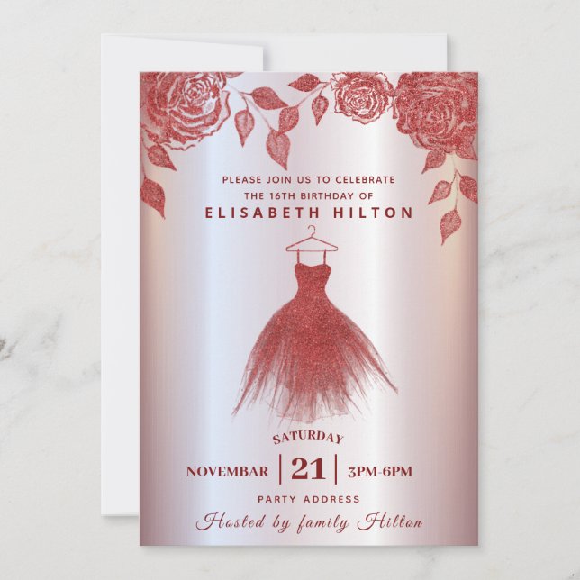 Invitación Roses rojas moderno vestido Purpurina dulce diecis (Anverso)
