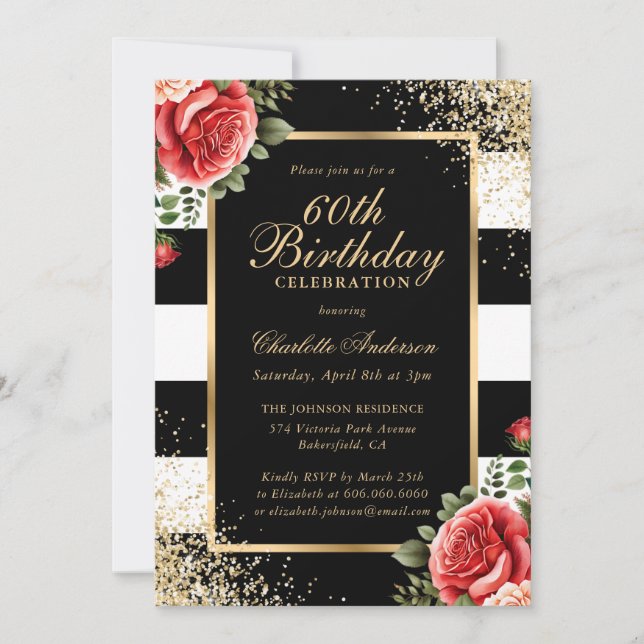 Invitación Roses Rojas Negro Confetti Oro 60 cumpleaños (Anverso)