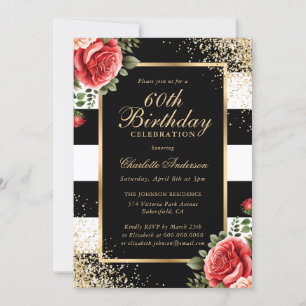 Invitación Roses Rojas Negro Confetti Oro 60 cumpleaños