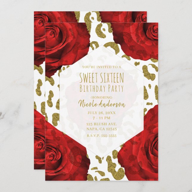 Invitación Roses Rojas Oro Blanco Chita Leopard Sweet 16 Invi (Anverso / Reverso)