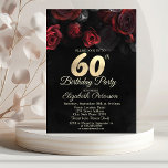 Invitación Roses Rojas Oro Negro 60 cumpleaños<br><div class="desc">Una rosa roja moderna,  de moda y glamurosa sobre un fondo negro.</div>