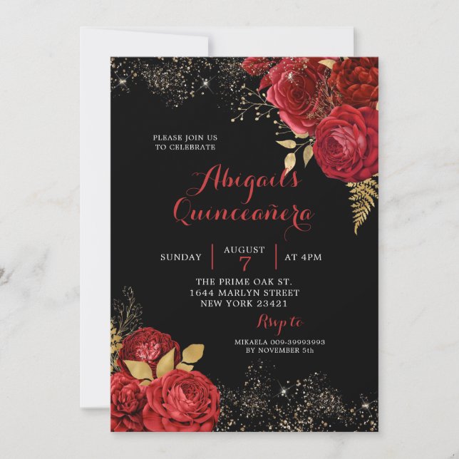 Invitación Roses Rojas Oro Stiletto Floral Quinceañera (Anverso)