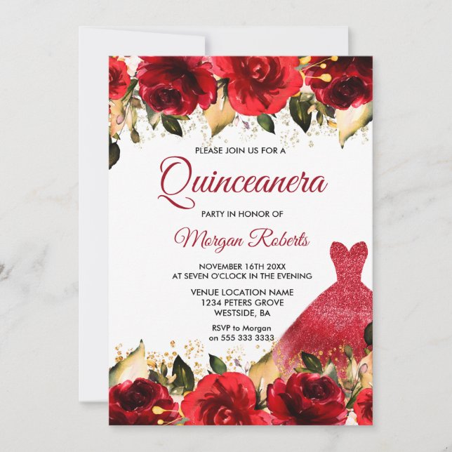 Invitación Roses Rojas Romántico Fiesta Quinceanera (Anverso)