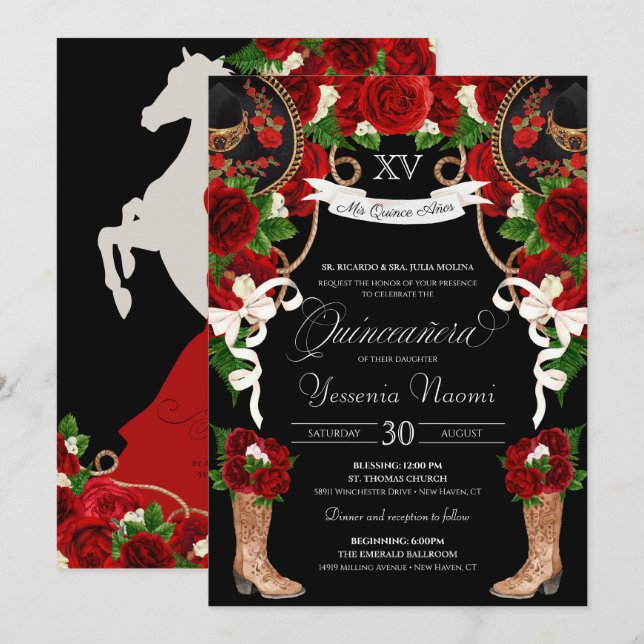 Invitación Roses rojas y negras Mariachi Vaquera Quinceanera (Anverso / Reverso)