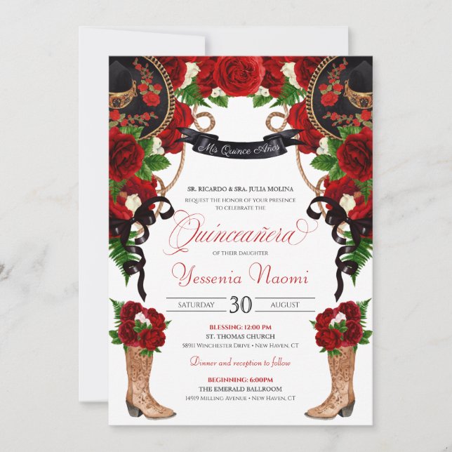 Invitación Roses rojas y peonías Charra Quinceanera Occidenta (Anverso)