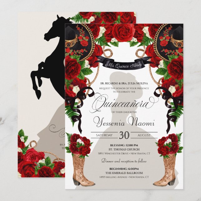 Invitación Roses rojas y peonías Charro Occidental Quinceaner (Anverso / Reverso)