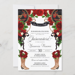 Invitación Roses Rojas y Peonies Charro Occidental Quinceaner
