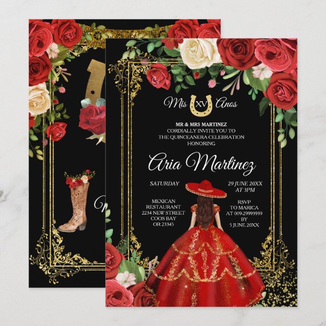 Invitación Roses Rojo y Rojo - Princesa Quinceanera (Anverso / Reverso)