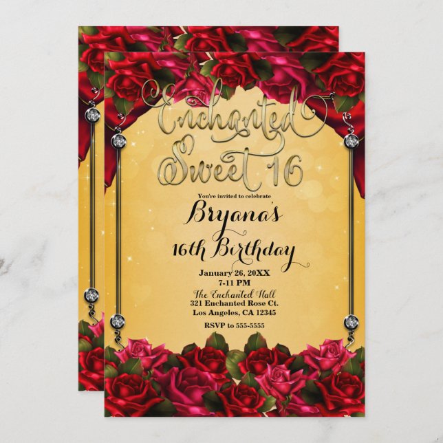 Invitación Roses Rojos Amarillo y Dulce Oro 16 16º Fiesta (Anverso / Reverso)