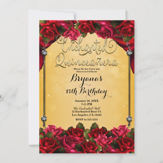 Invitación Roses Rojos Amarillos y Oro Quinceañera 15º Fiesta (Anverso)