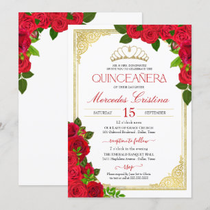 Invitación Roses rojos Blanco y Oro Elegante Quinceañera