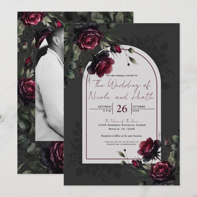 Invitación Roses rojos burdeos Boda floral gris oscuro (Anverso / Reverso)