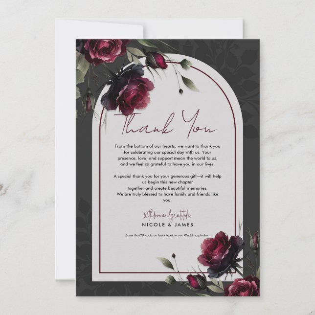 Invitación Roses rojos burdeos Boda floral gris oscuro (Anverso)