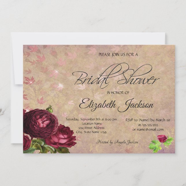 Invitación Roses rojos cayendo deja ducha de novia de vino (Anverso)