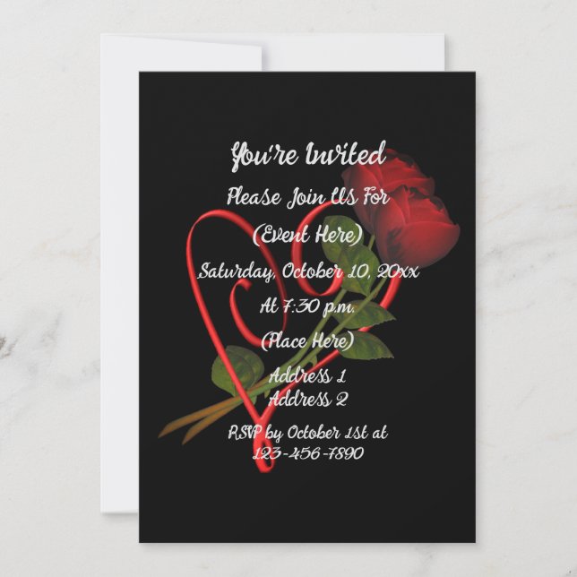 Invitación Roses Rojos Corazón Rojo Negro Elegante (Anverso)
