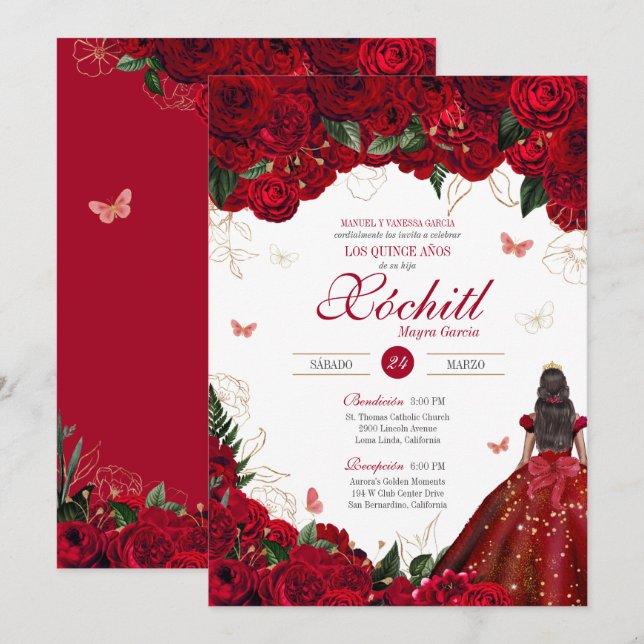 Invitación Roses Rojos Elegantes Floral y Mariposa Quinceaner (Anverso / Reverso)