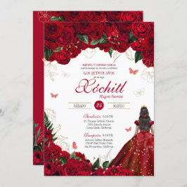 Invitación Roses Rojos Elegantes Floral y Mariposa Quinceaner