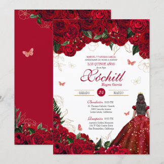 Invitación Roses Rojos Elegantes Floral y Mariposa Quinceaner