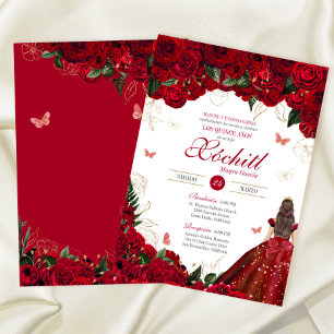 Invitación Roses Rojos Elegantes Floral y Mariposa Quinceaner
