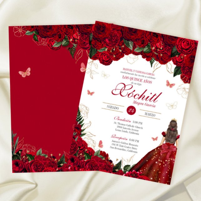 Invitación Roses Rojos Elegantes Floral y Mariposa Quinceaner (Subido por el creador)