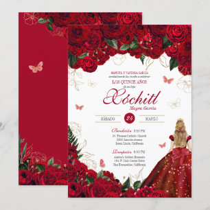 Invitación Roses Rojos Elegantes Floral y Mariposa Quinceaner